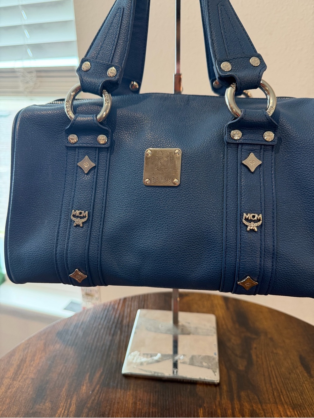 MCM Navy Leather Barrel Satchel with Gold Hardware